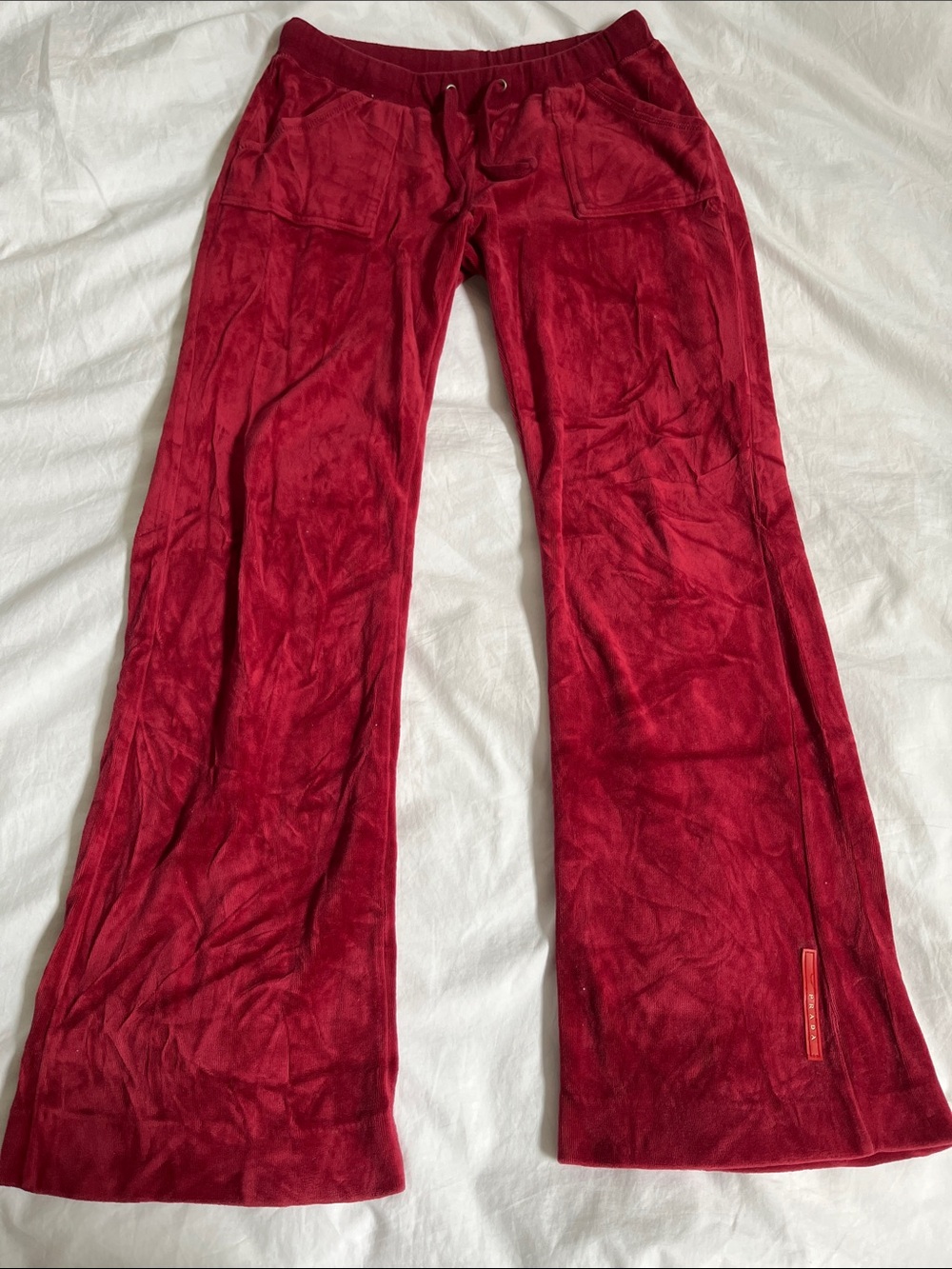 Prada Y2K Vintage Red Velour Bootcut Track pants Joggers Drawstrings Pockets